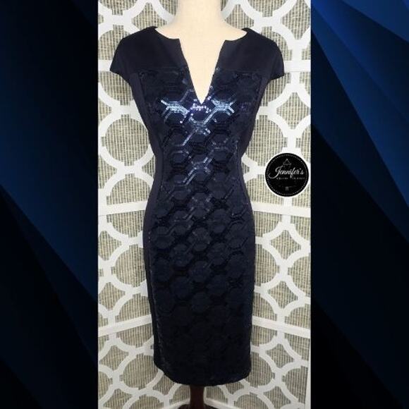 Connected Apparel Navy Blue Sequin Cap Sleeve Sheath Dress Size 14 - Picture 1 of 11